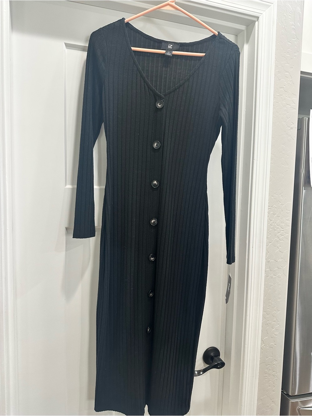 Iz Byer Black Ribbed Button-Front Long Sleeve Dress